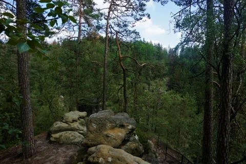 Dramatic view over the forest surrounding Hermannseck in Saxon Switzerland Stock Photos