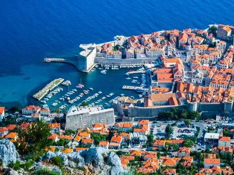 Dramatic view of the port and the old town in Dubrovnik City. Stock Photos