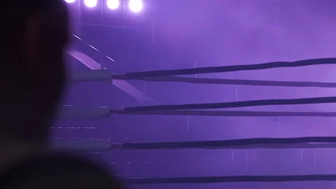 A dramatic view of the red corner of a regular boxing ring. Ropes in the corner Stock Footage 109148291