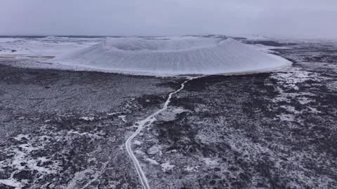 Dramatic View Of Snow-dusted Hverfjall Caldera In Winter, Iceland. Aerial Shot 스톡 동영상 331023268