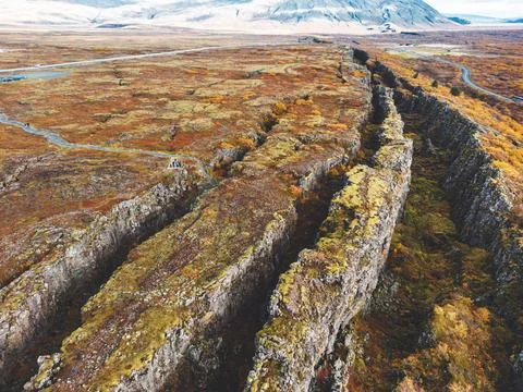 Dramatic view of two tectonic plates meeting in Thingvellir National Park Stock Photos