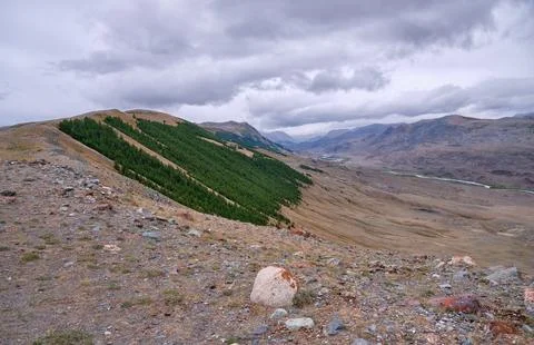 Dramatic view on wild altai mountains. In the background is the valley of t.. Stock Photos