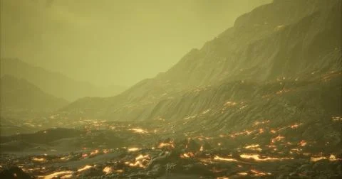 Dramatic volcanic landscape with flowing lava and rugged mountains at twiligh Illustrazione stock
