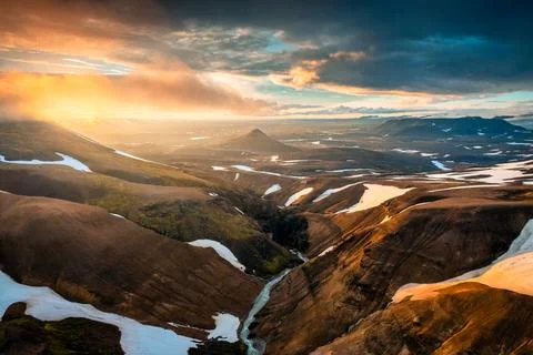 Dramatic of volcanic mountain with colorful sunset sky in summer at Highlan.. Stock Photos