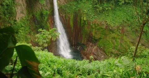 Dramatic waterfall drops into a rocky basin surrounded by lush greenery in Costa Stock-Footage 341358290