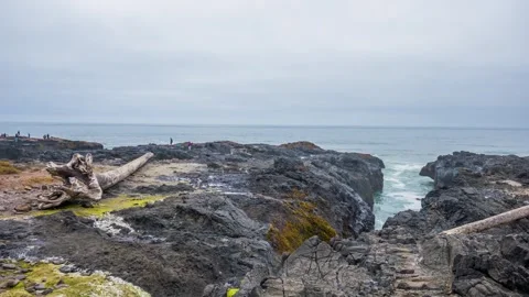 Dramatic Waves Crash into Rocky Shoreline at Cape Perpetua Scenic Area, Oregon C Stock Footage 326713551
