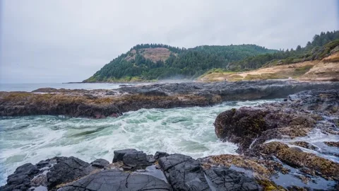 Dramatic Waves Crashing at Cook's Chasm, Cape Perpetua, Oregon Coast, USA Stock Footage 326719658