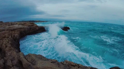 Dramatic waves crashing over cliffs at storm, powerful nature Stock Footage 88965839