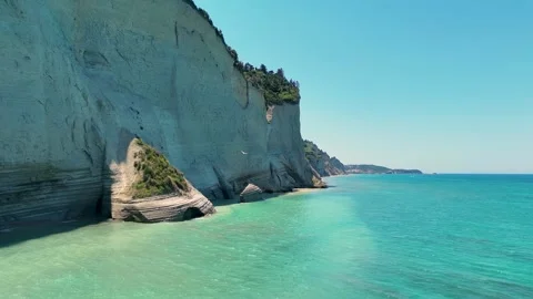 Dramatic white cliffs of Loggas beach in Corfu, Greece Stock Footage 339018972