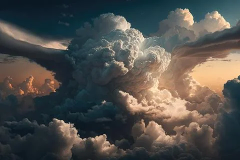 Dramatic white clouds and blue sky from airplane window view. Colorful sunset Иллюстрация
