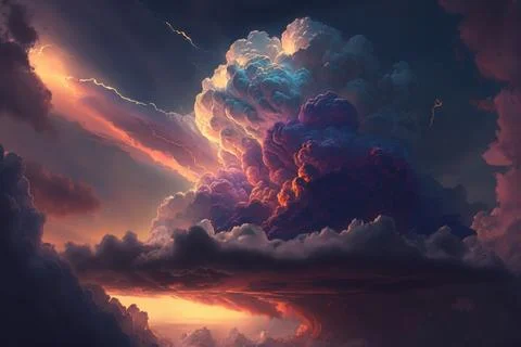 Dramatic white clouds and blue sky from airplane window view. Colorful sunset イラスト素材