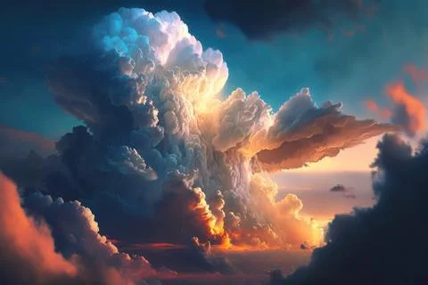 Dramatic white clouds and blue sky from airplane window view. Colorful sunset Stock Illustration