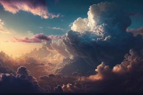 Dramatic white clouds and blue sky from airplane window view. Colorful sunset Illustrazione stock