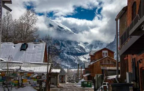 Dramatic Winter Clouds and Colorado Mining Town Stock Photos