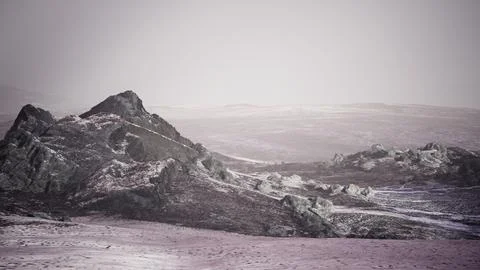 Dramatic winter dark desert steppe on a highland mountain plateau Stock Illustration