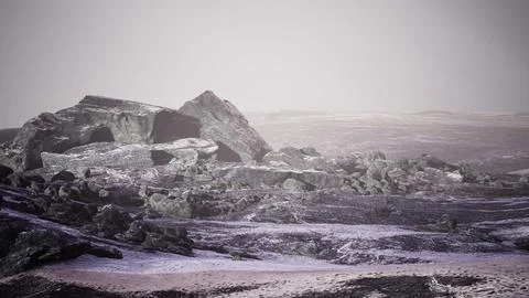 Dramatic winter dark desert steppe on a highland mountain plateau Stock Illustration