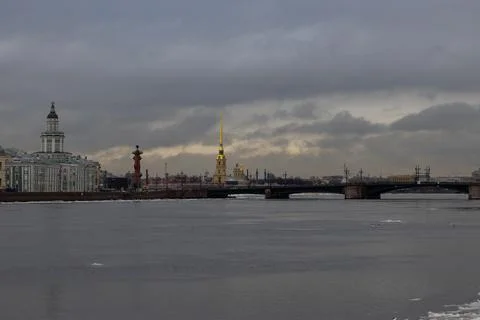Dramatic Winter Evening Over Neva River With Saint Petersburgs Cityscape in.. Stock Photos