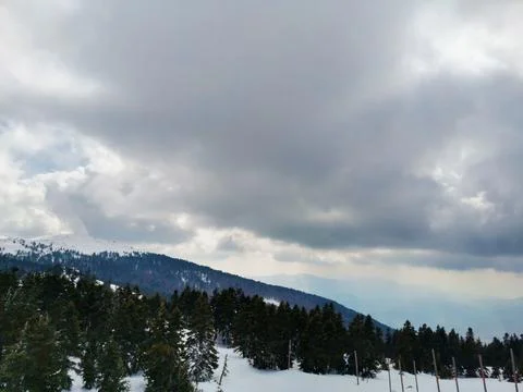 Dramatic winter landscape showing a snow-capped mountain ridge and dark green Stock Photos