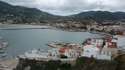 Dramatic winter scenery over Chora town in Skopelos island, Greece Stock Footage 162351753