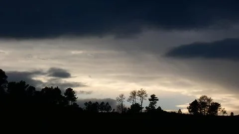 Dramatic winter sunset behind rain clouds and pine trees. 4k P1120631 Stock-Fotos