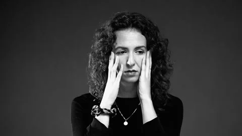 Dramatic Woman with Anxious Expression in black and white monochrome. Burno.. Stock Footage 255241481