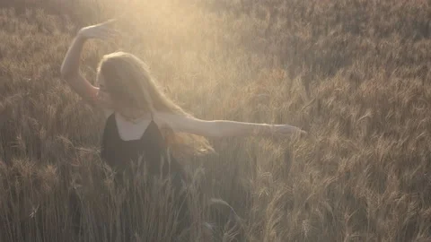 Dramatic young woman choreography dance on the golden wheat field on the ground  Stock Footage 200914400