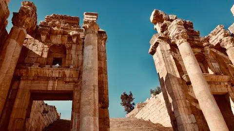 Dramatically low angle of ancient building at  Jerash, Jordan in daytime 스톡 사진
