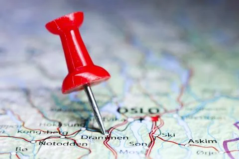 Drammen, Norway pin on map Stock Photos
