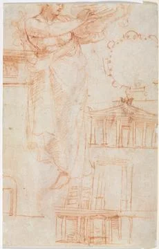 A Draped Female Figure (possibly an Amazon) and Architectural Studies (vers.. Stock Illustration