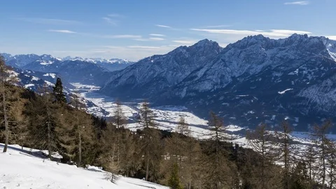 Drau valley and Lienz Dolomites in panning time lapse Stockbeeldmateriaal 107319023