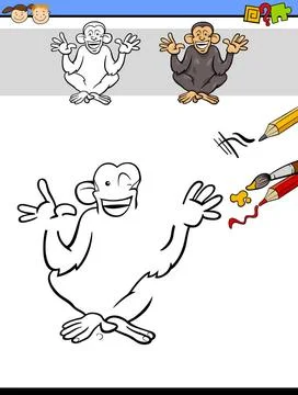 Draw and color task with ape Cartoon Illustration of Finishing Drawing and... Stock Photos
