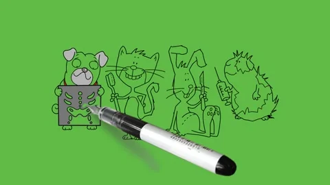 Draw animals bear, cat, rabbit and rat hold skeleton in their hand Vidéo 304691650