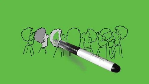 Draw backside of seven standing young men and women see upside with black line Vidéo 247399270