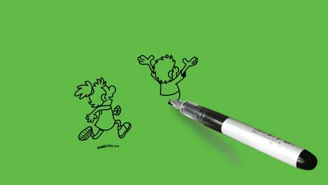 Draw backside of three children run one after another simultaneously happily Видео 247399551