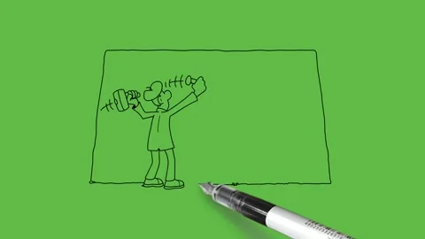 Draw backside of young man hammering nail on wall wear cap with black outline Stock-Footage 282789401