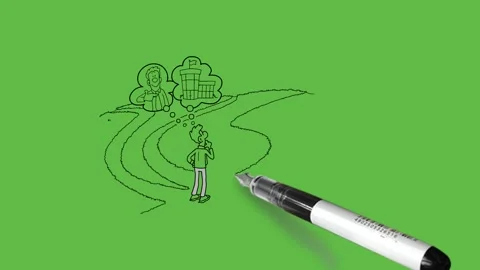 Draw backside of young man in middle of field and think with red cross sign Vidéo 247399506