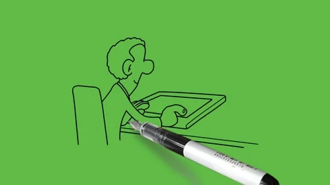 Draw backside of young man sit on chair work on laptop place on table Vidéo 249915208