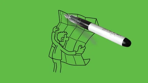 Draw backside of young man stand hold geographical map and see it with black Видео 244796600