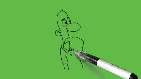 Draw bald boy with sad face, round eyes and nose, hold his left hand near mouth Stock Footage 226591419