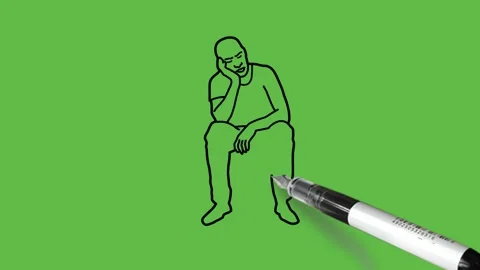 Draw bald man sit on box hold right hand on cheek and spectacles in left hand Vidéo 229480996