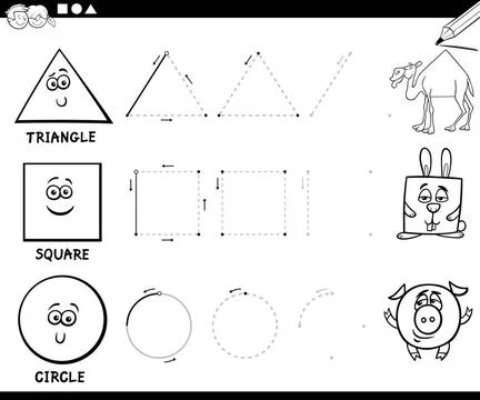 Draw basic geometric shapes coloring page Black and White Educational Cart... Stock Photos