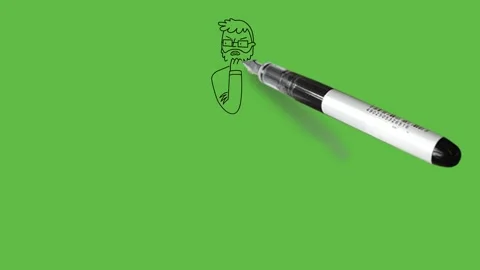 Draw beard man with spectacles keep right hand on chin and fold left arm elbow Video stock 222549219