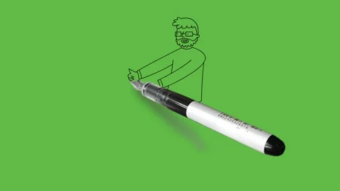 Draw beard man walking with spectacles show thumbs up wearing pink shirt, Video stock 222549321