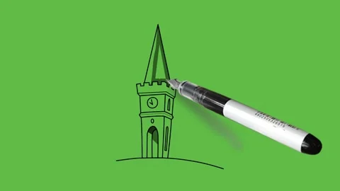 Draw big building with wall clock with black outline on abstract green back 動画素材 252481805