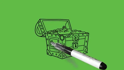 Draw big cuboid open box full of gold ornaments with black outline on green back 動画素材 249914822