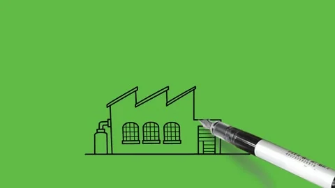Draw big industrial building with working workshop show smoke comes out Stock Footage 237374096
