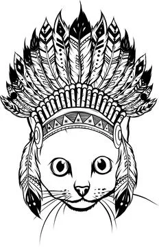 Draw in black and white of head of Cat with indian hat vector Ilustração Stock