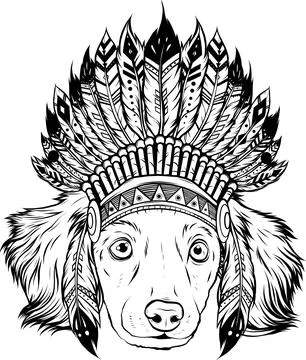 Draw in black and white of head dog with traditional Indian hat, vector Ilustração Stock