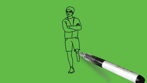 Draw boy with artificial left leg with spectacles wearing lower, t-shirt 動画素材 214241278