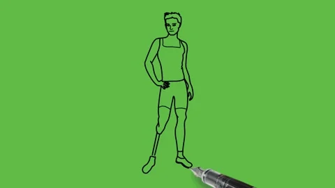 Draw boy with artificial right leg hold his right arm on hip wearing t-shirt Video stock 214244188